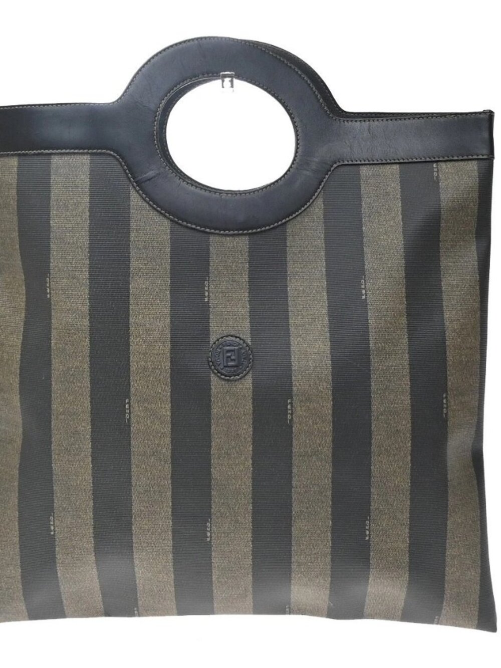 FENDI Logo Pequin Hand Tote Bag PVC Leather Khaki Black 68KD557